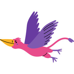 Cartoon Pink And Purple Bird With Yellow Beak In Flight With Wings Spread Open On White Transparent Background Simple Illustration