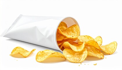 Golden-yellow potato chips spilling from a tipped white cylindrical container, with some chips airborne&mdash;isolated against a white background