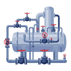 Industrial piping system with multiple valves and a large tank.