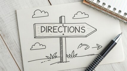 Drawn signpost with direction arrow pointing far away on paper