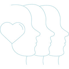 Outline of three heads facing right profile view with a heart shape on the left against a transparent background representing connection and empathy in teal dotted and dashed lines