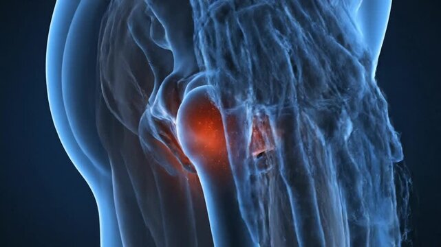 3D Medical Animation of Human Hip Joint with Inflammation Highlighted in Red.