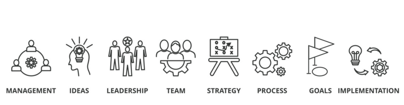 Business banner vector illustration concept with icon of management, ideas, leadership, team, strategy, process, goals, and implementation