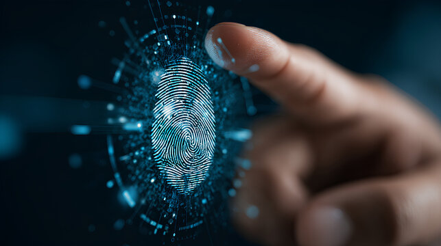 Access security personal data on scan fingerprint identification, Cybersecurity and privacy to protect data. Biometric cyber security concept. - Powered by Adobe