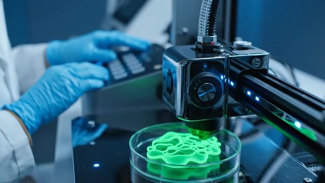 Woman scientist operates bioprinter in a laboratory, creating a green bioluminescent cell structure in a petri dish, science research footage.