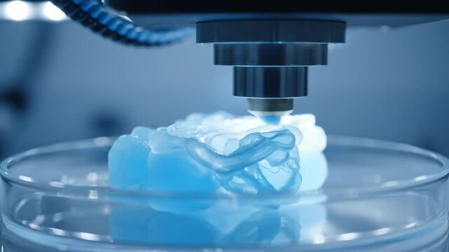 3D printer creating transparent plastic medical model inside a laboratory, science and modern manufacturing technology footage