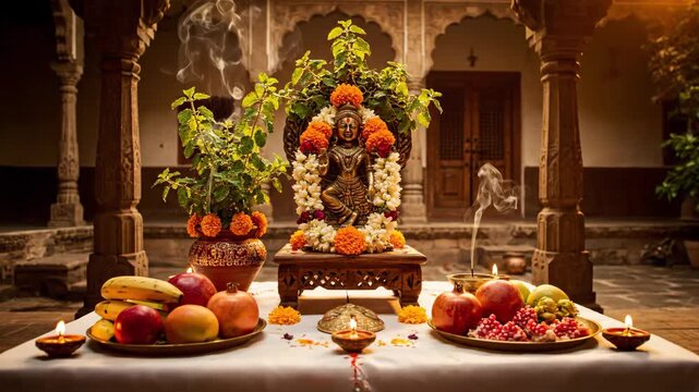 Devotional Setup for Vishnu Ekadashi Featuring a Deity, Tulsi Plant, and Offerings of Fruits and Lit Diyas