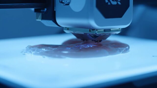 Robotic printer forming meat patty from bio-ink in laboratory for food technology. Cell culture grown in petri dish, future food concept.