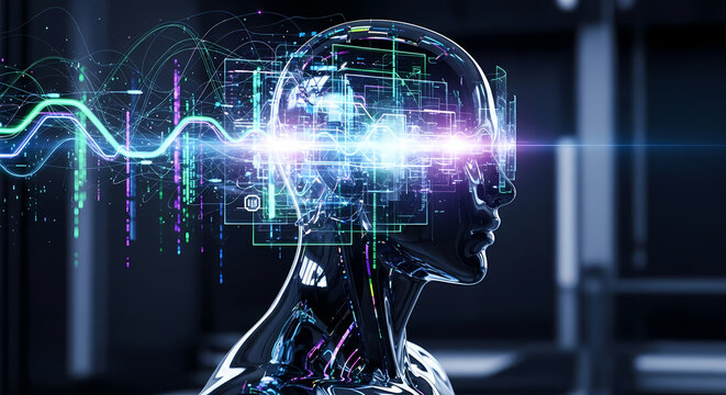 Abstract visualization of artificial intelligence processing data and information, representing cognitive functions and neural networks.