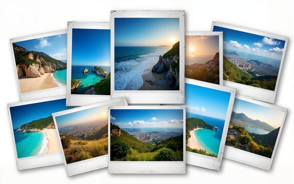 Collection of travel photographs featuring various scenic destinations including beaches, cities, and landscapes. High quality