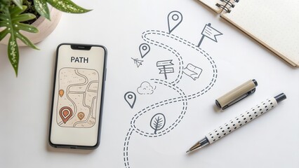 Phone with map and doodle path on white surface