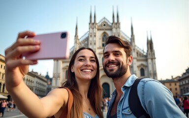 Happy couple taking selfie in front of Duomo cathedral in Milan, Lombardia - Two tourists having fun on romantic summer vacation in Italy - Holidays and traveling lifestyle concept. High quality