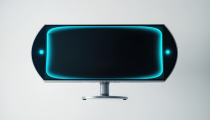 Borderless silver monitor with vibrant teal highlights, suspended in mid-air against a plain backdrop of