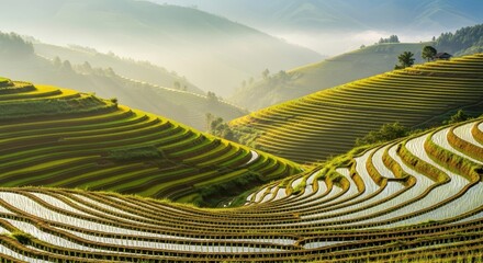 Panoramic view of stunning rice terraces nestled in mountainous terrain