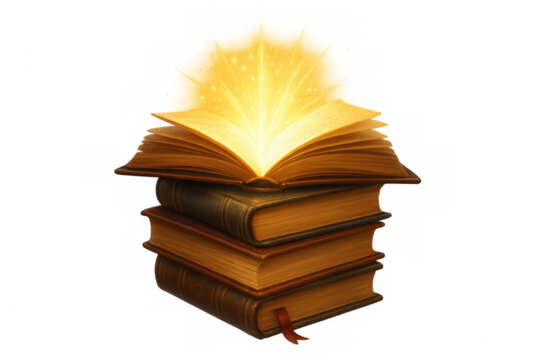 Stack of old books with glowing open magical spellbook revealing bright light and wisdom, transparent background
