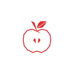 Geometric red apple outline with a leaf and a heart-shaped core on a white background.