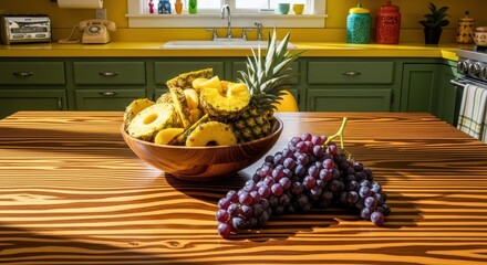 Pineapple and Grapes Displayed in Wooden Bowl on a Kitchen Table