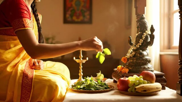 Vishnu Ekadashi Ritual Woman Offering Prayers with Diya, Flowers, and Fruits to Lord Vishnu for Blessings and Prosperity
