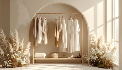 Bohemian Chic Clothing Rack Display with Flowing White Dresses and Natural Light Creating a Serene Atmosphere with Pampas Grass Accents