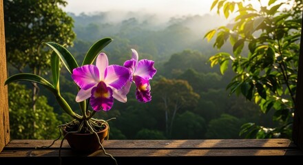 Purple orchid flowers in bloom overlooking a vibrant green forest landscape