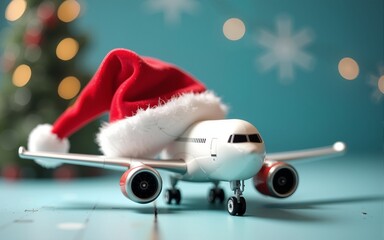 Christmas travel planning. Toy airplane with Santa Claus hat. Christmas traveling baner. High quality