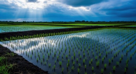 Rice Field Filled With Water Under Cloudy Sky Showing Sunlight Beams