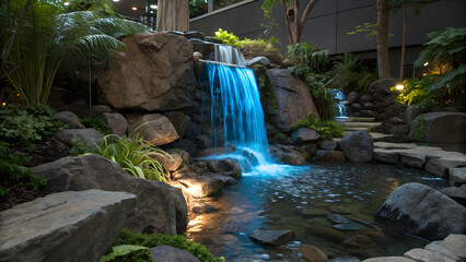 Magical illuminated waterfall at night