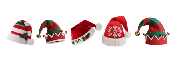 Assortment of festive holiday hats for christmas celebrations and winter parties.
