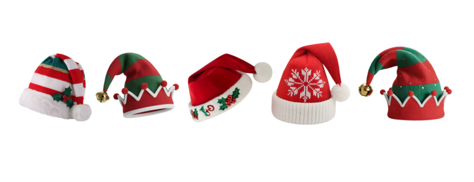Assortment of festive holiday hats for christmas celebrations and winter parties.