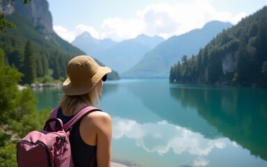 Traveling young woman looking at Bled Lake, Slovenia, Europe. High quality