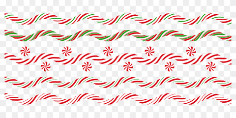 Wavy candy cane striped peppermint borders in festive colors. Lollipop decor. Winter decoration.