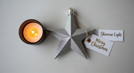 Shiny Christmas star with Merry Christmas greeting and candle