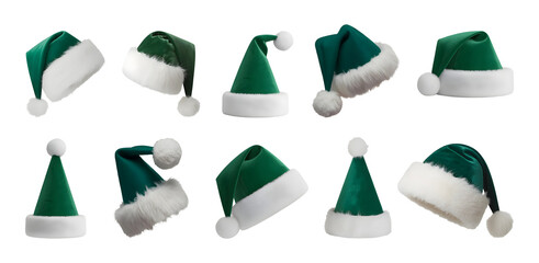 Collection of festive green santa hats with white trim perfect for holiday celebrations