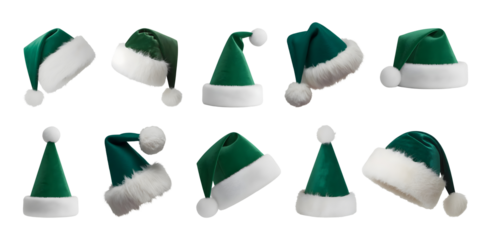 Collection of festive green santa hats with white trim perfect for holiday celebrations