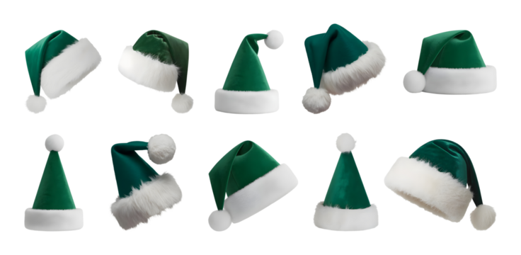 Collection of festive green santa hats with white trim perfect for holiday celebrations