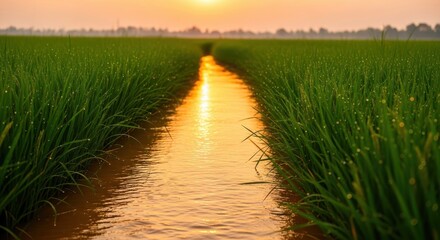Sunset over a rice field with a water channel reflecting golden sunlight