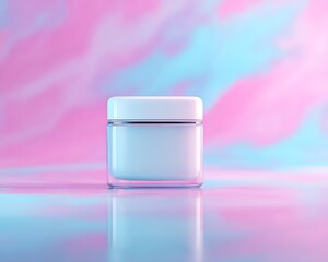 Glossy cosmetic container glowing over vivid soft abstract dreamscape