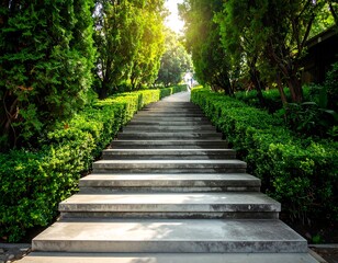 Obraz premium Stone staircase ascends through a meticulously landscaped garden, flanked by neatly trimmed hedges & tall, verdant trees. Sunlight shines