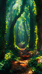 Enchanting Forest Tunnel: Sunlight Filtering Through Emerald Vines Creates a Radiant and Magical Natural Pathway of Beauty and Wonder