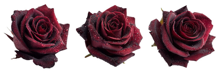 Set of A black rose laying gently on a white surface on transparent png background. Ai generated