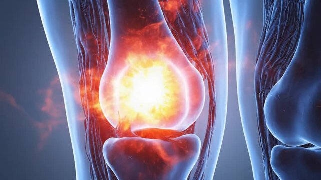 3D Medical Animation of Knee Joint Pain and Inflammation Highlighting Arthritis and Injury.