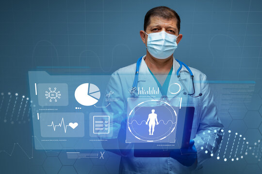 Medical professional examines health data with digital technology in a clinical setting