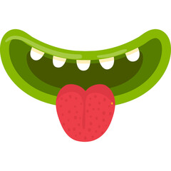 Cartoon green monster mouth with sharp teeth and red tongue sticking out against a transparent background whimsical illustration © Nisrina