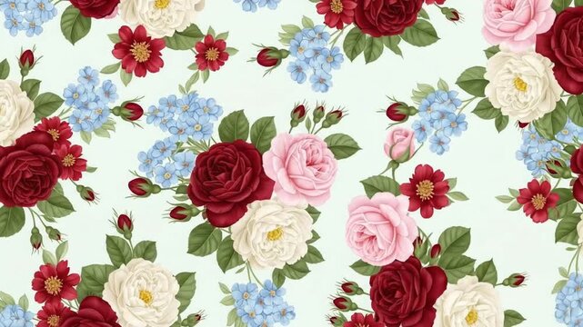 Close up of a floral pattern featuring roses hydrangeas and other botanical elements