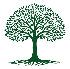 Fototapeta premium Simple green tree silhouette with leaves and roots isolated on a white background