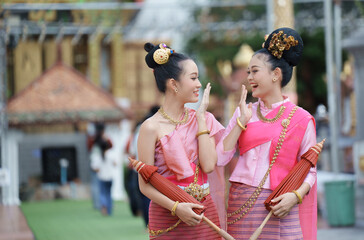 Traditional Thai Women Celebrating Loi Krathong Lantern Festival