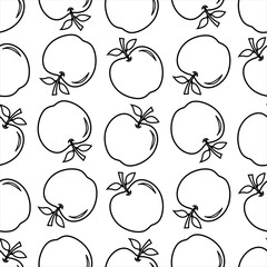 Abstract drawing of apples outline doodle seamless pattern, black outlines on white background.	