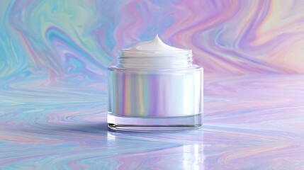 Glossy iridescent cream jar glowing atop vibrant swirled pastel abstract backdrop