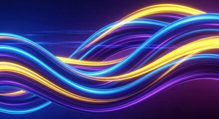 Abstract blue and yellow light trails flowing dynamically on a dark gradient background