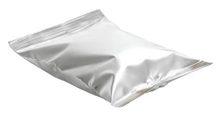 Blank foil snack package with shiny metallic surface and sealed edges ready for branding or product display isolated on white background